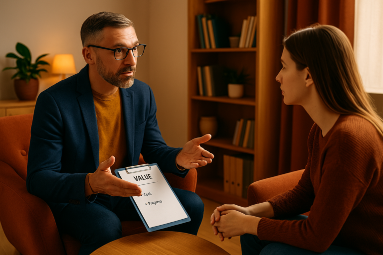 A therapist discusses the value of anxiety counseling with a client during a calm, focused therapy session